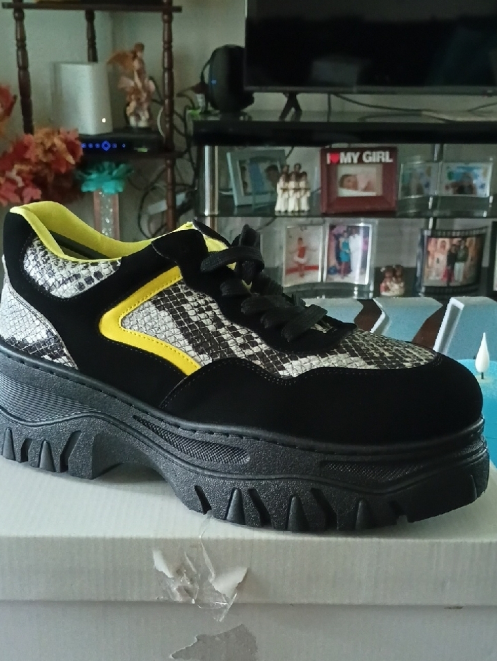 Women's Black & Yellow Chunky Sneaker with Snakeskin Accent - Picture 2 of 5